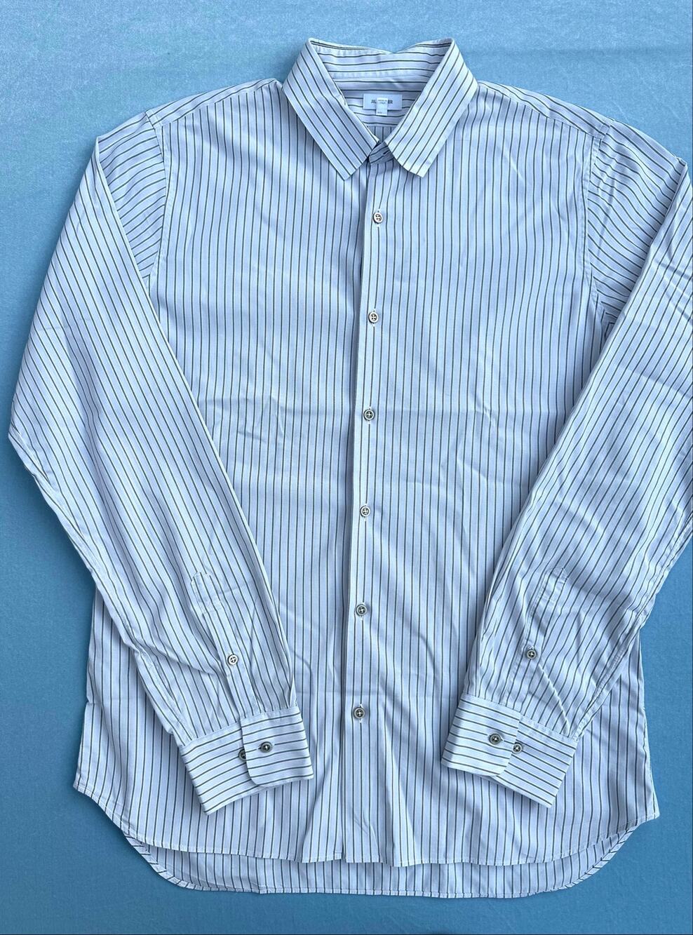 Jil Sander Men's Striped Dress Shirt 42 16.5 Italy Blue White Long Sleeve
